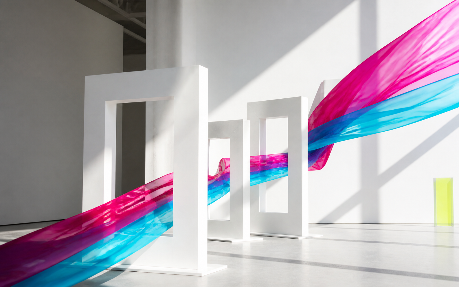 Rubans colorés traversant une installation architecturale